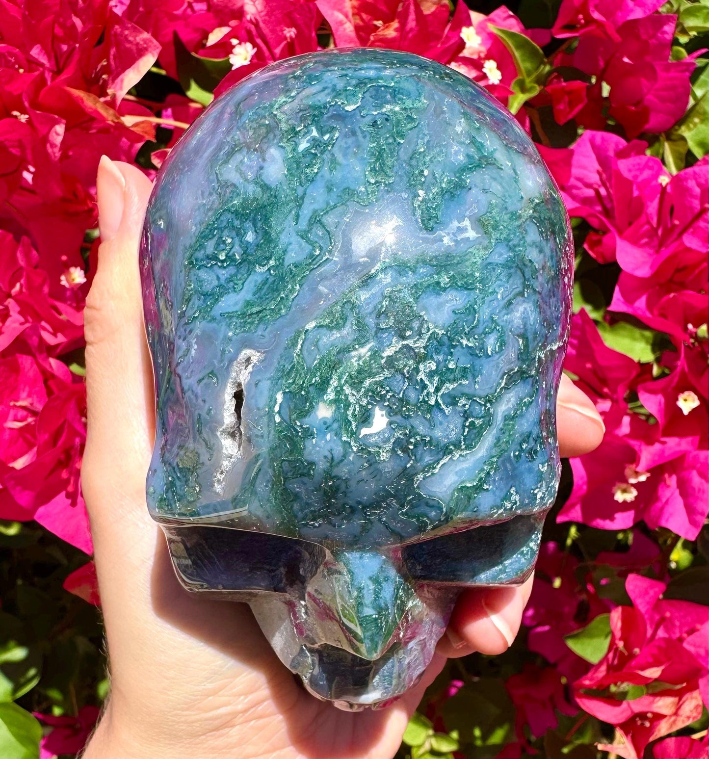Druzy Moss Agate Crystal Skull