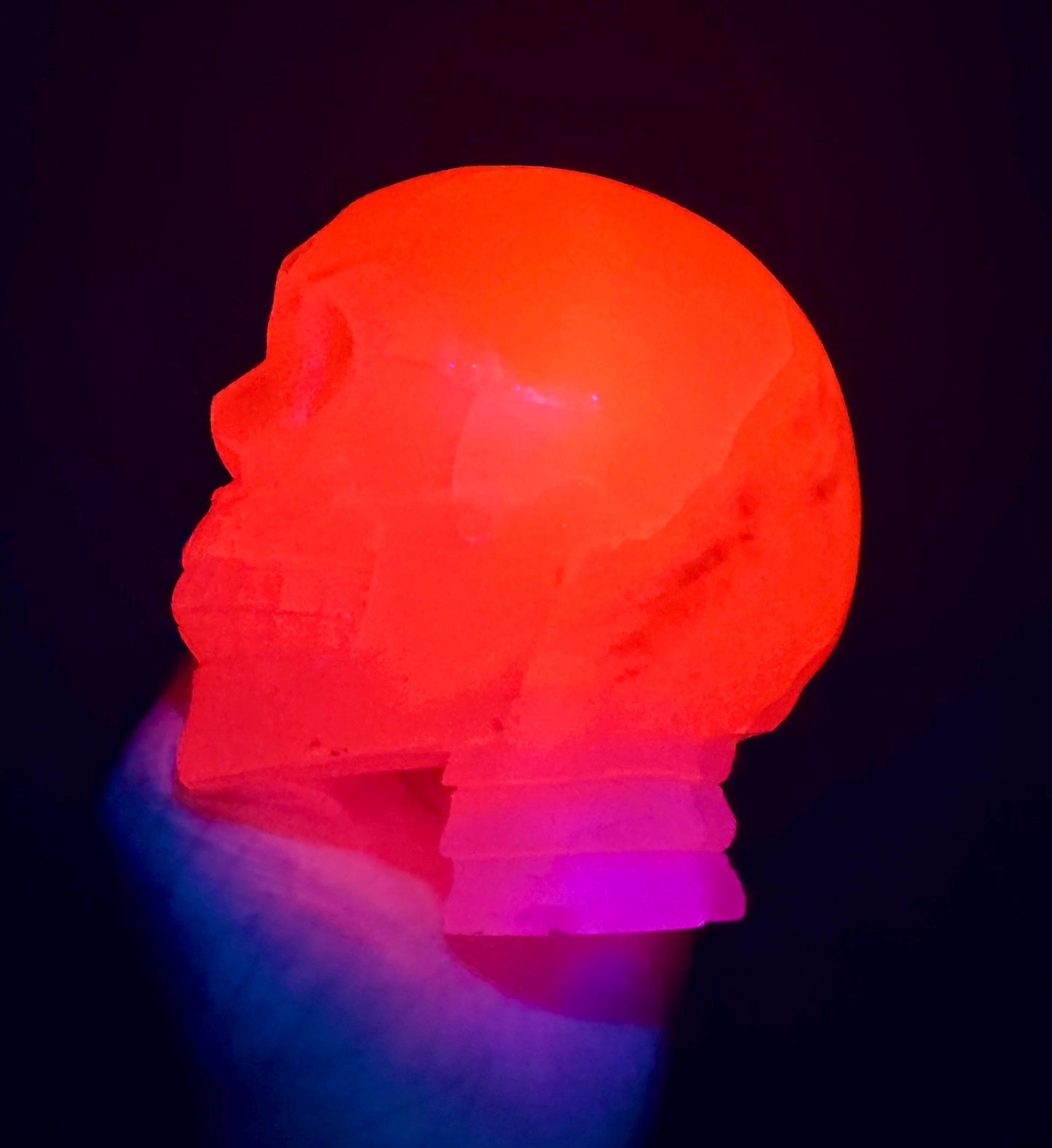 Bright UV Reactive Mangano Calcite Skull With Spine
