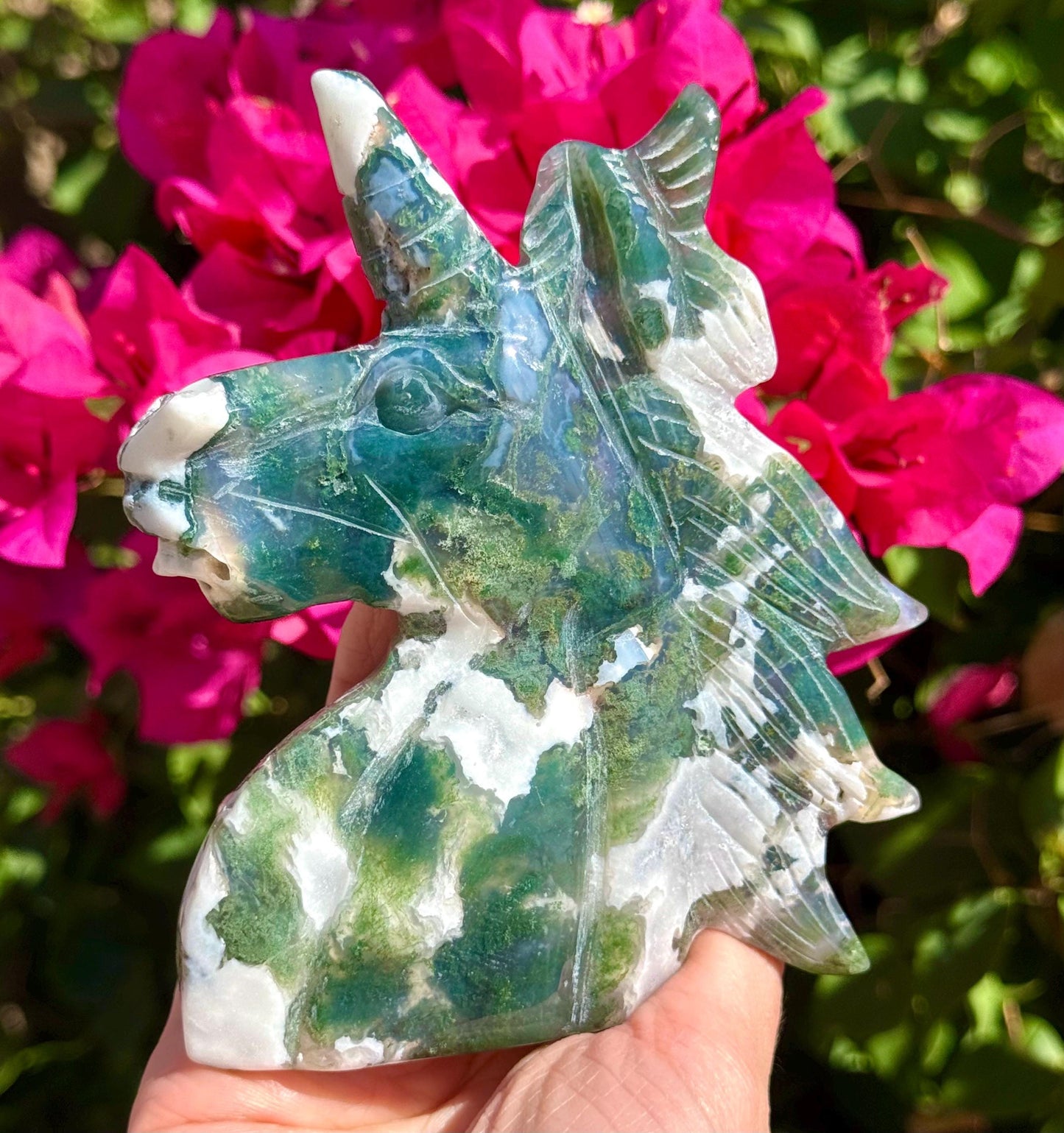 Big Druzy Moss Agate Unicorn Head 5”
