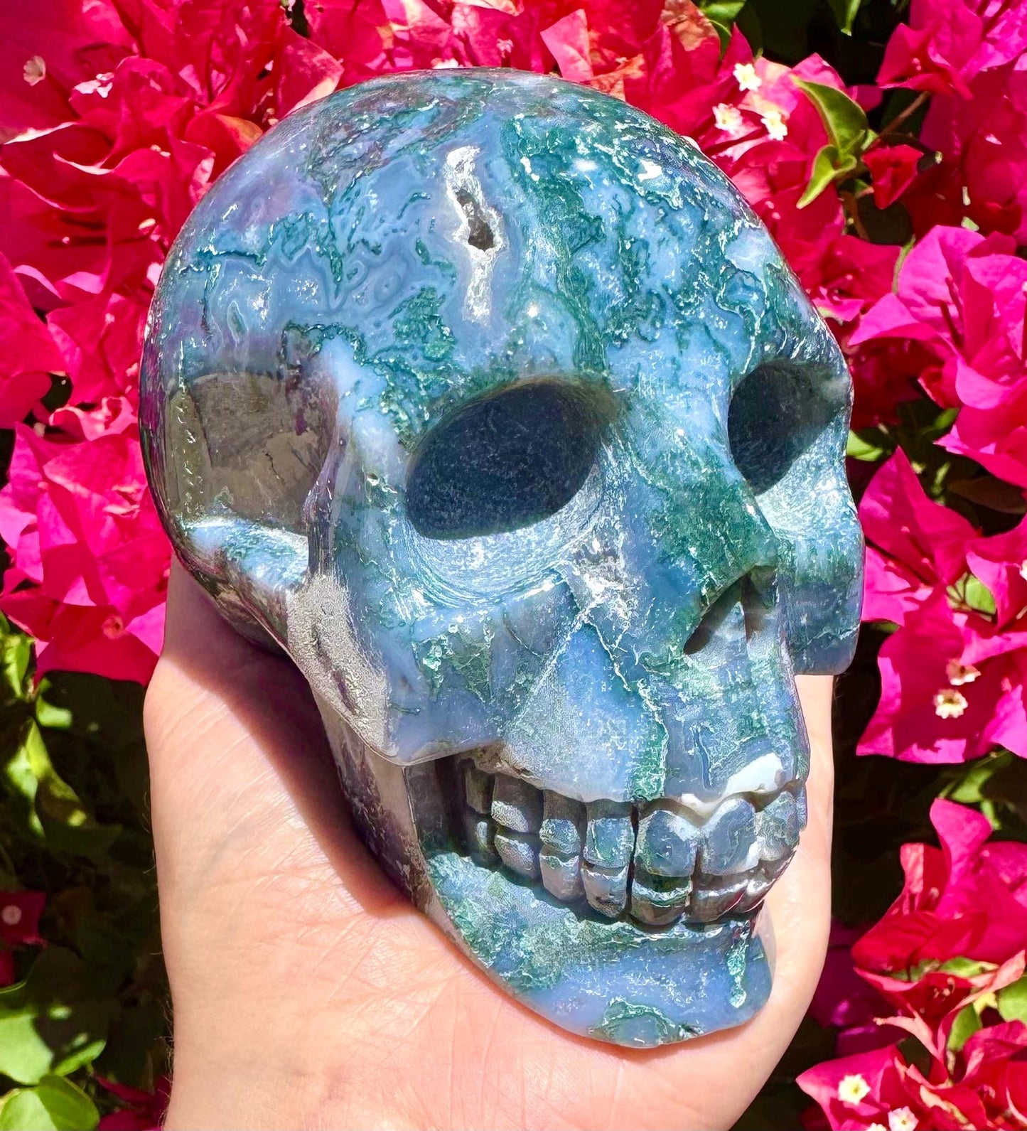 Druzy Moss Agate Crystal Skull