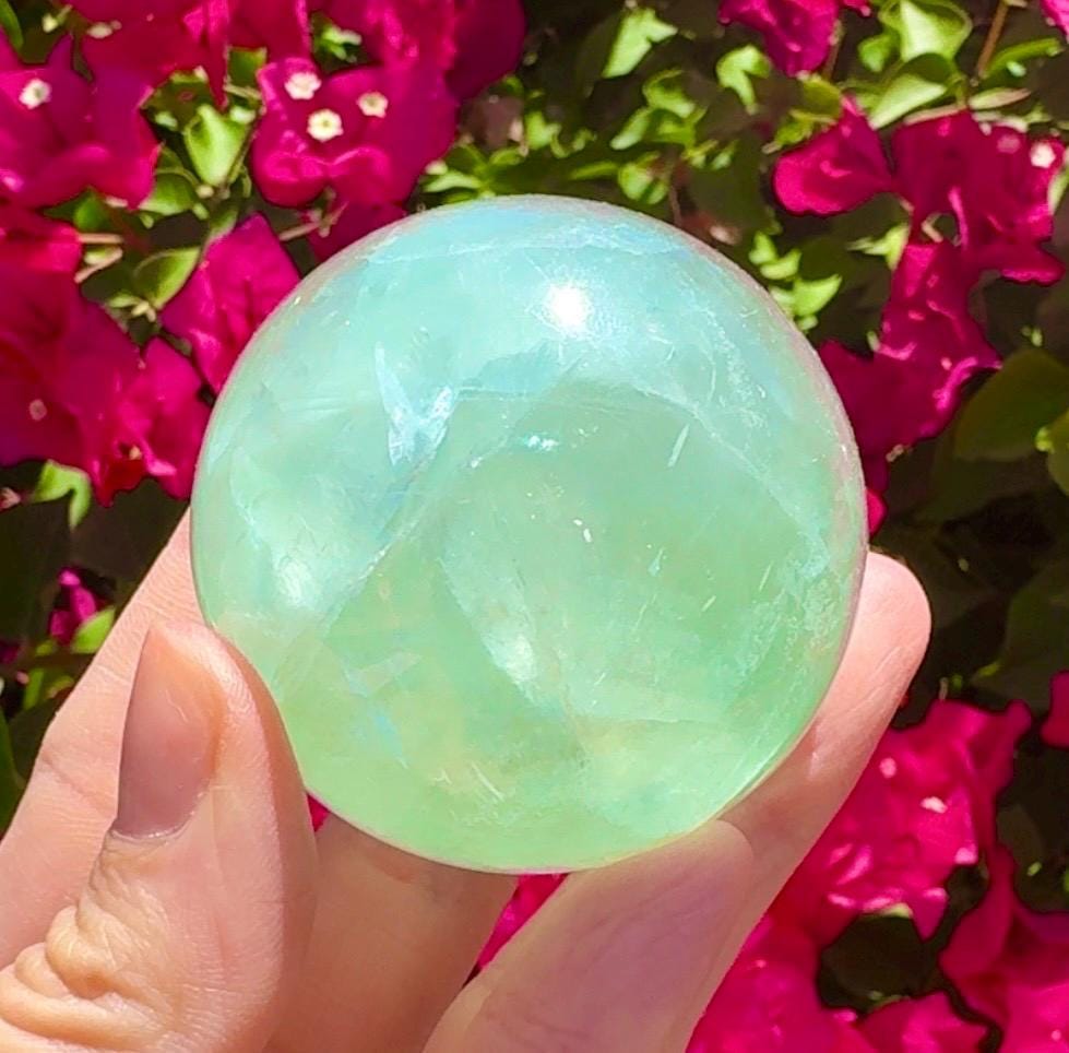 Flashy Green Fluorite Sphere Crystal Ball With Rainbows