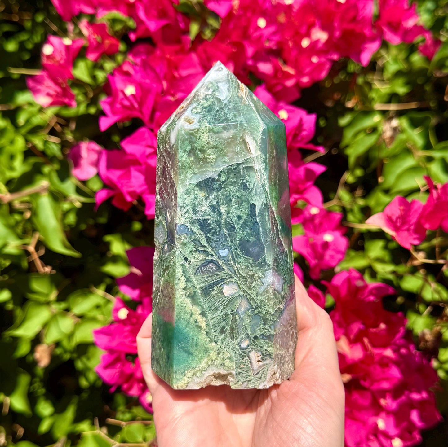 Sparkly Moss Agate Tower 5 3/4”