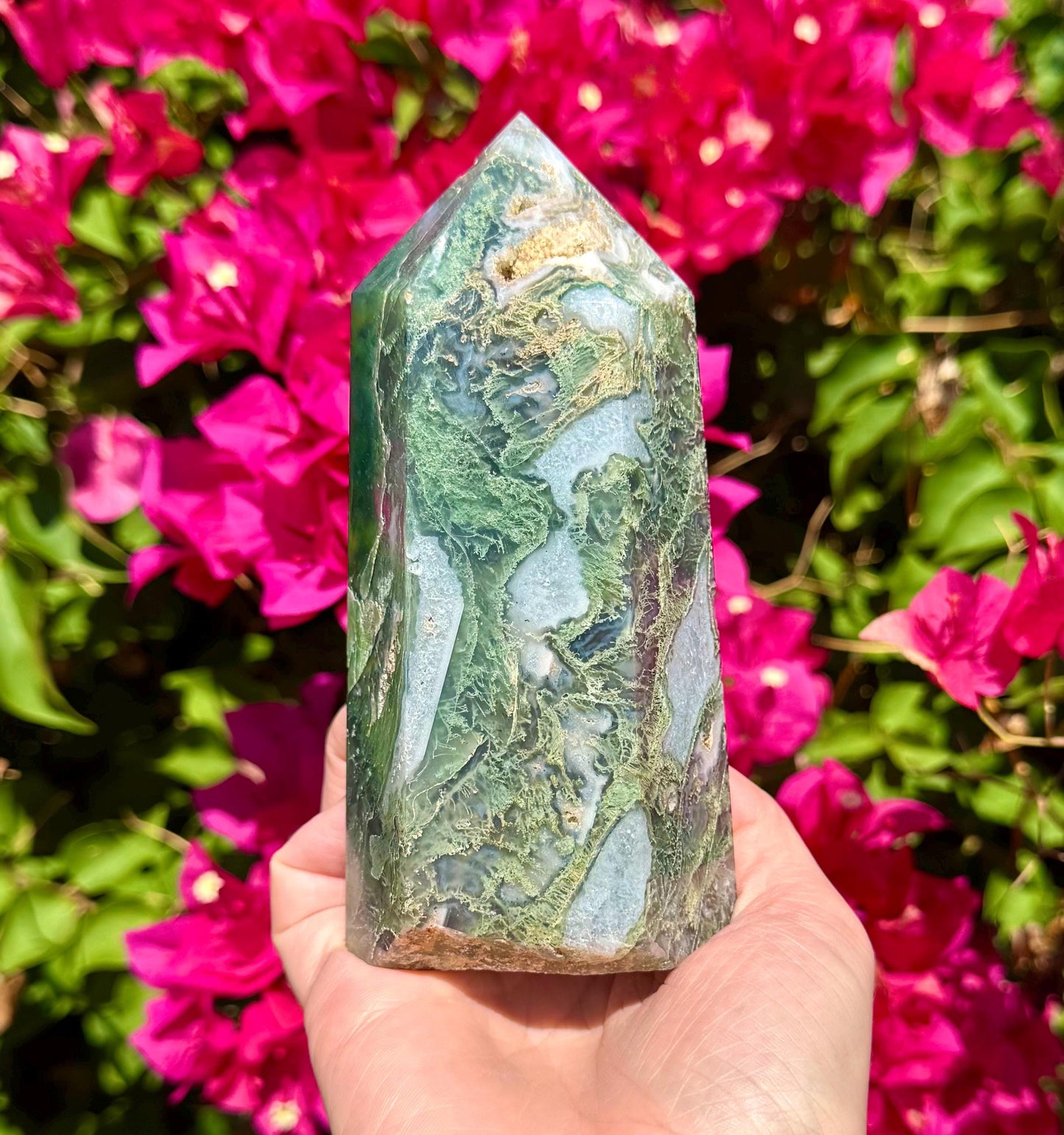 Sparkly Moss Agate Tower 5 3/4”