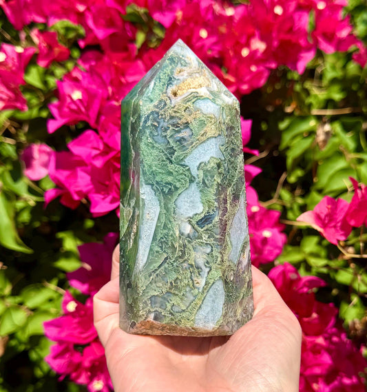 Sparkly Moss Agate Tower 5 3/4”