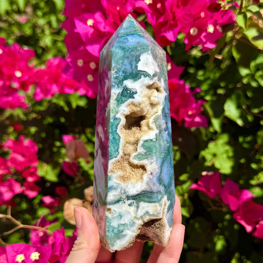 Druzy Moss Agate Tower 6”