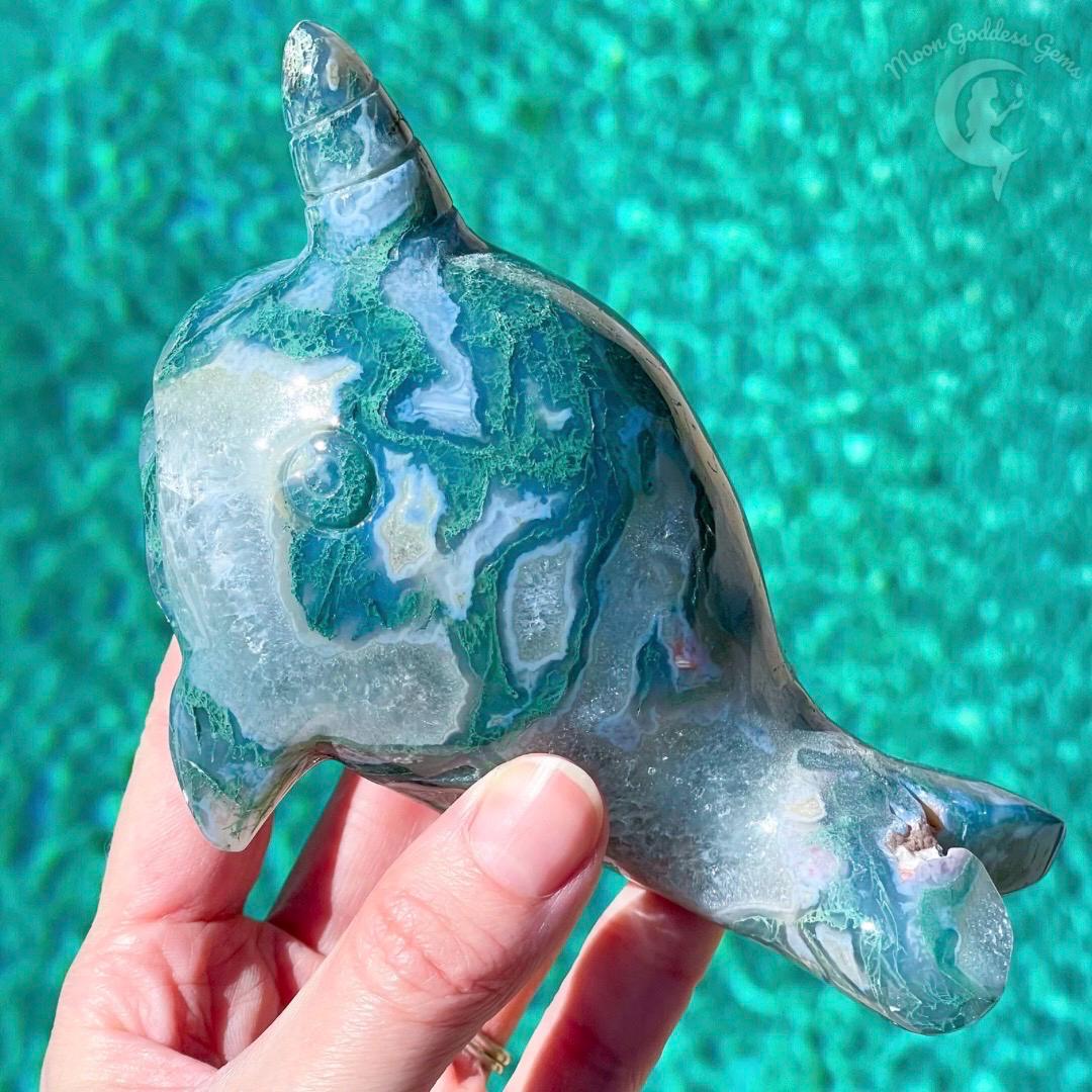 Cute Moss Agate Narwhal Carving