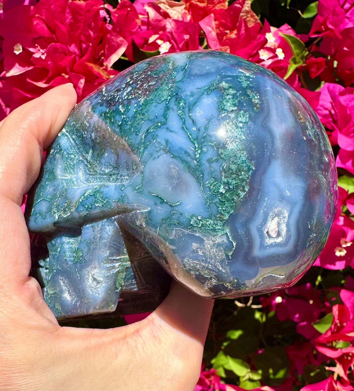 Druzy Moss Agate Crystal Skull