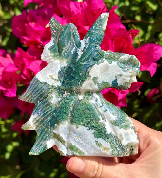 Big Druzy Moss Agate Unicorn Head 5”