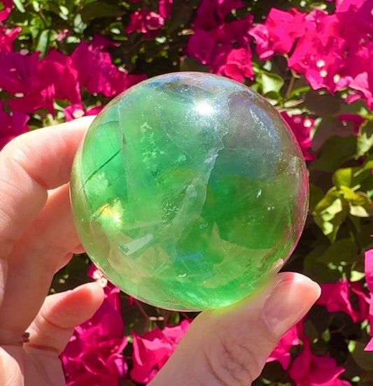 Flashy Green Fluorite Sphere Crystal Ball With Rainbows