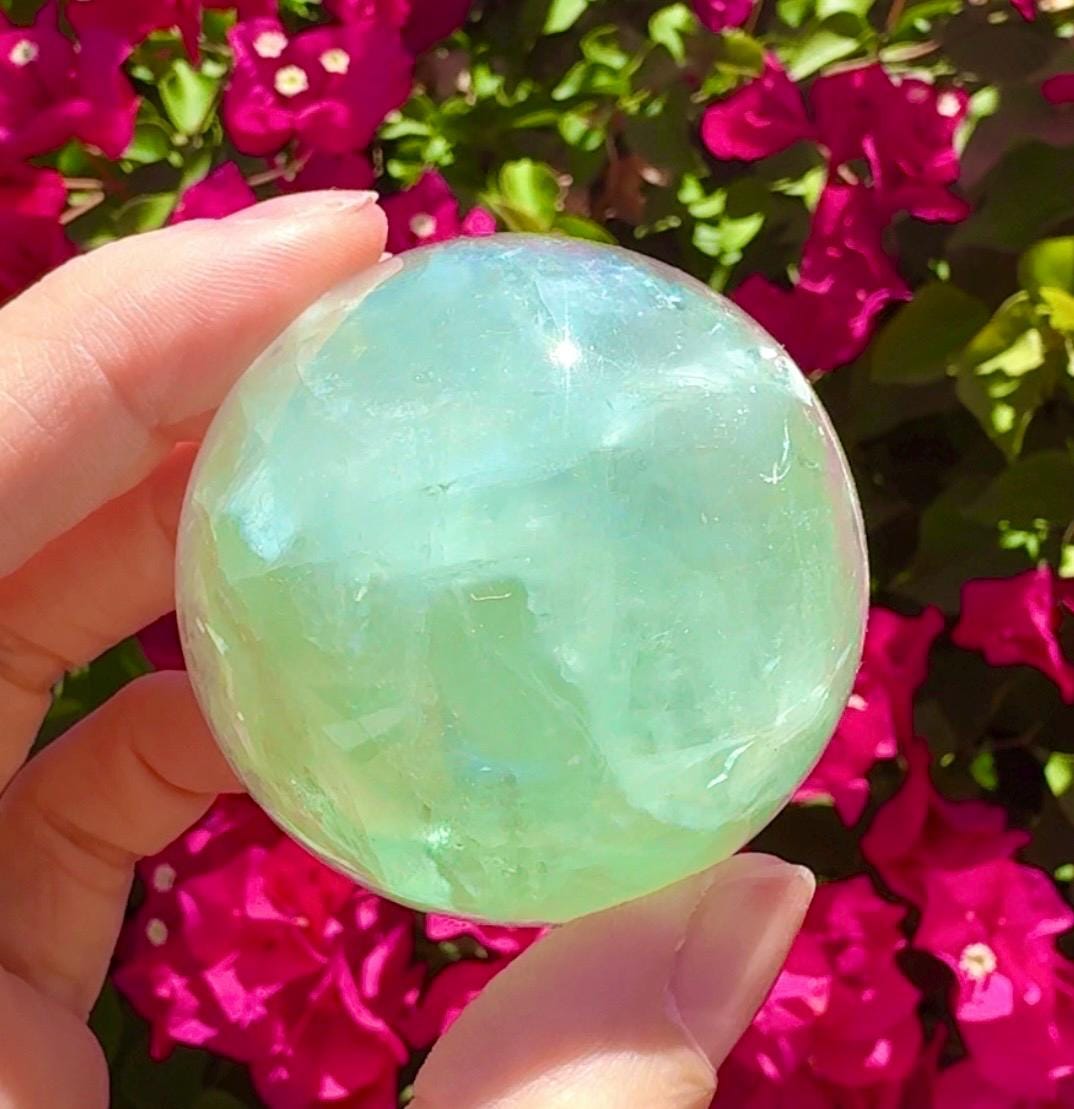 Flashy Green Fluorite Sphere Crystal Ball With Rainbows