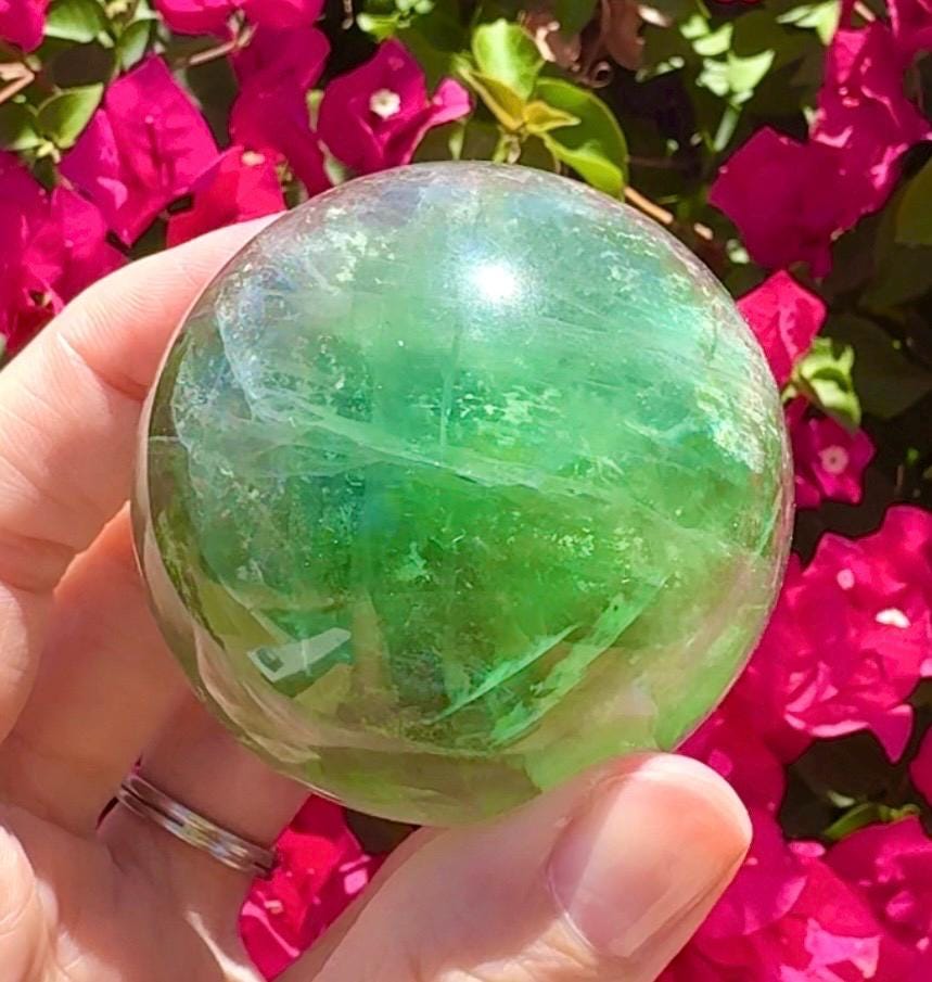 Flashy Green Fluorite Sphere Crystal Ball With Rainbows