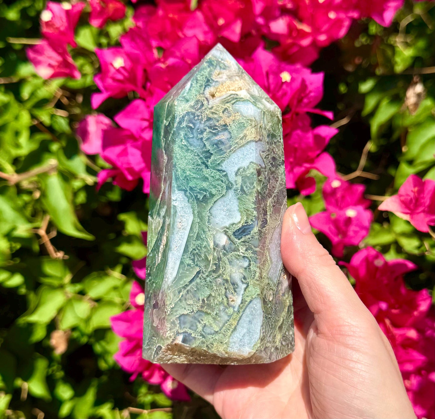 Sparkly Moss Agate Tower 5 3/4”