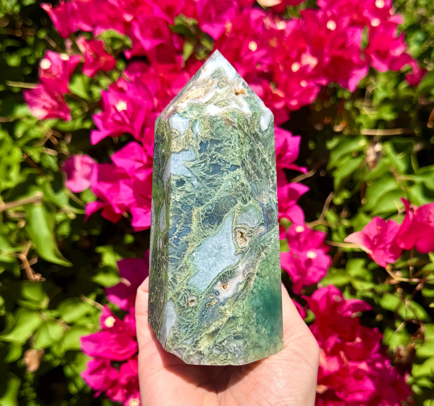 Sparkly Moss Agate Tower 5 3/4”