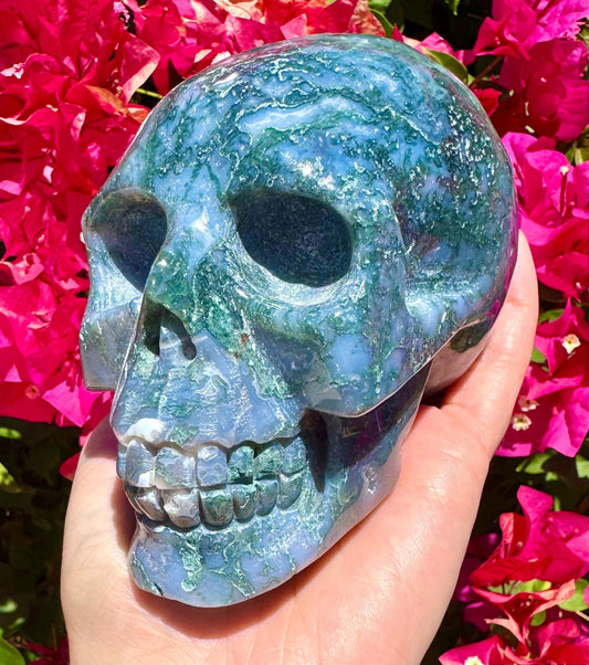 Druzy Moss Agate Crystal Skull