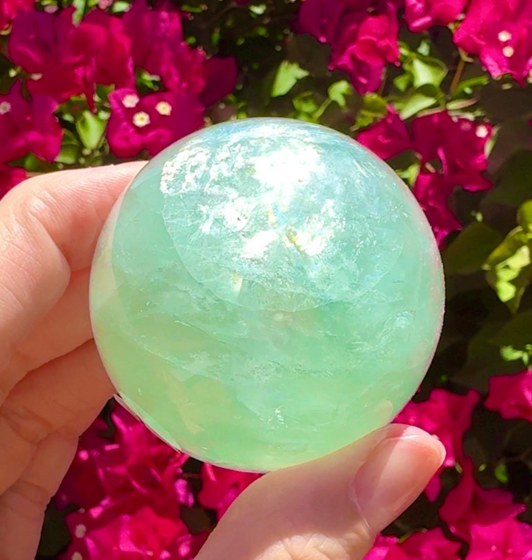 Flashy Green Fluorite Sphere Crystal Ball With Rainbows