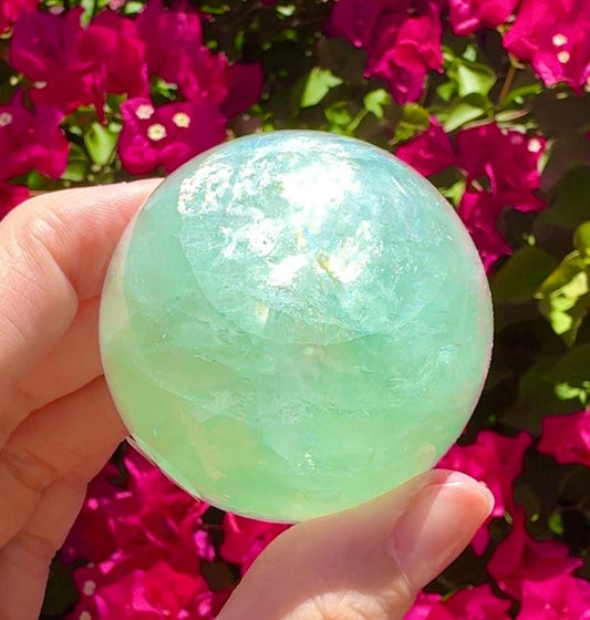 Flashy Green Fluorite Sphere Crystal Ball With Rainbows