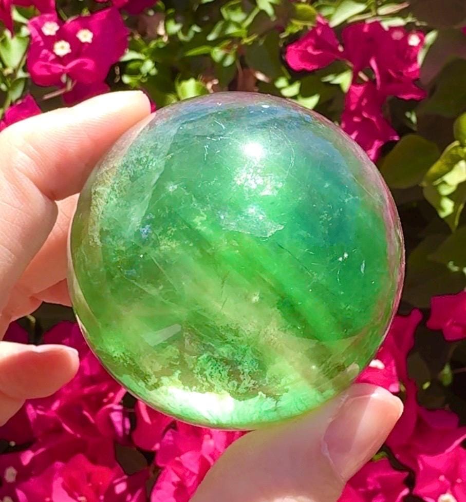 Flashy Green Fluorite Sphere Crystal Ball With Rainbows