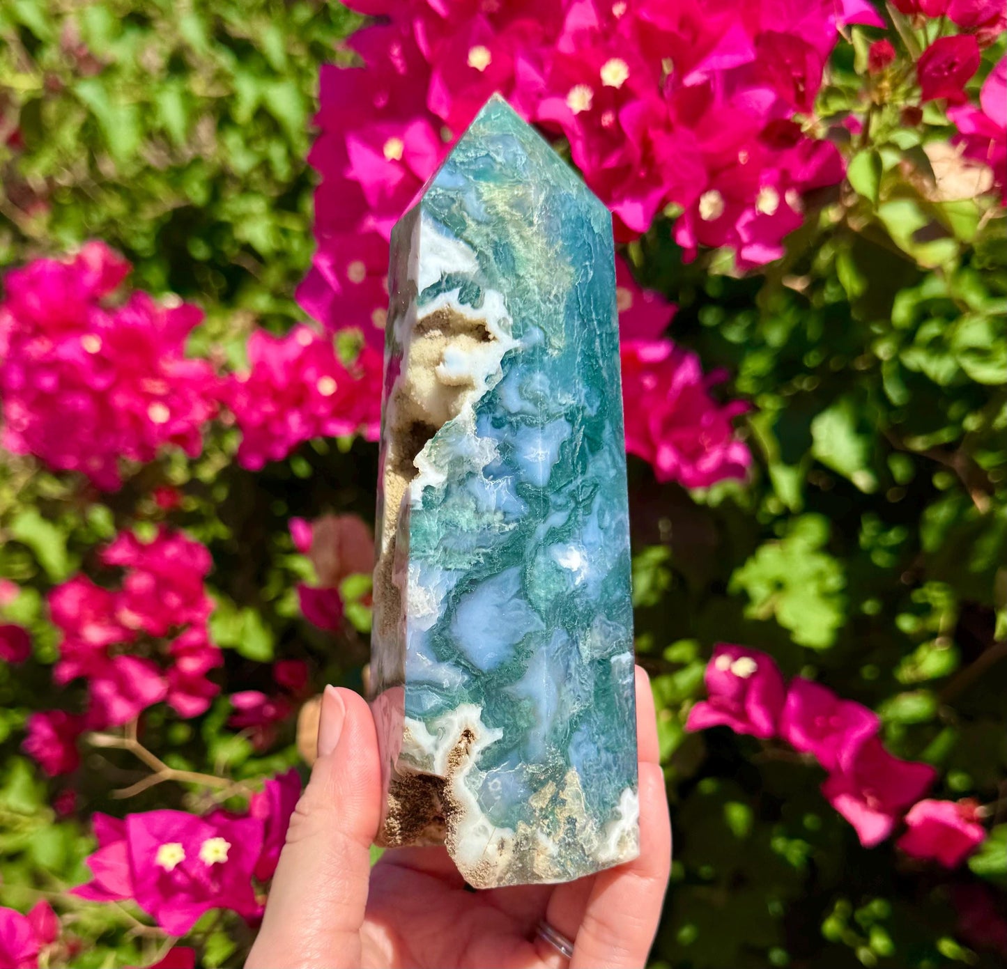 Druzy Moss Agate Tower 6”