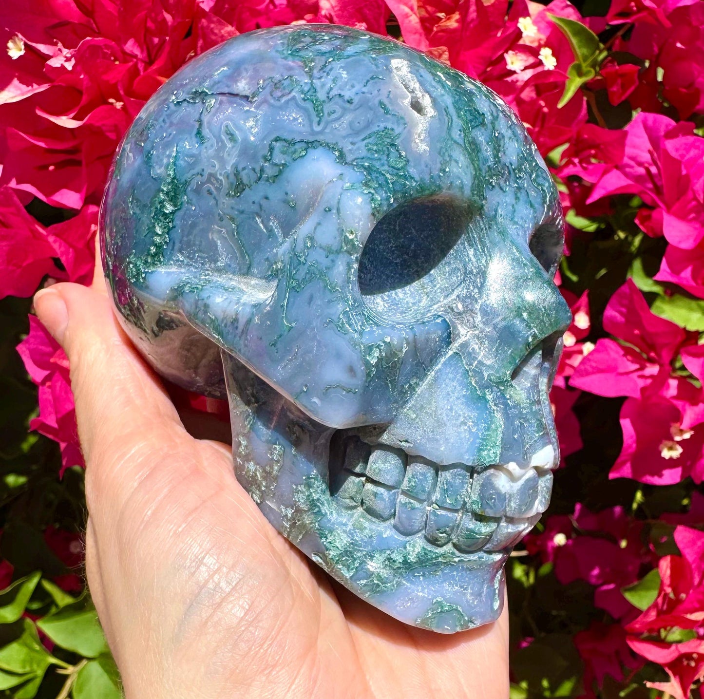 Druzy Moss Agate Crystal Skull