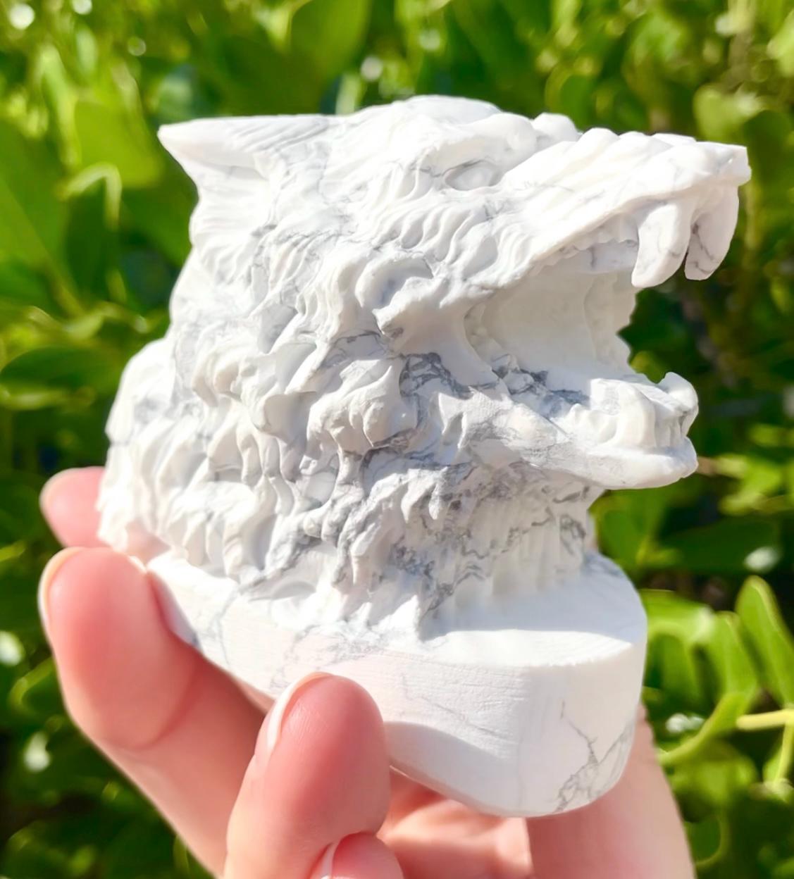 Howlite Crystal Wolf Head Carving Hand Carved White Howlite Wolf