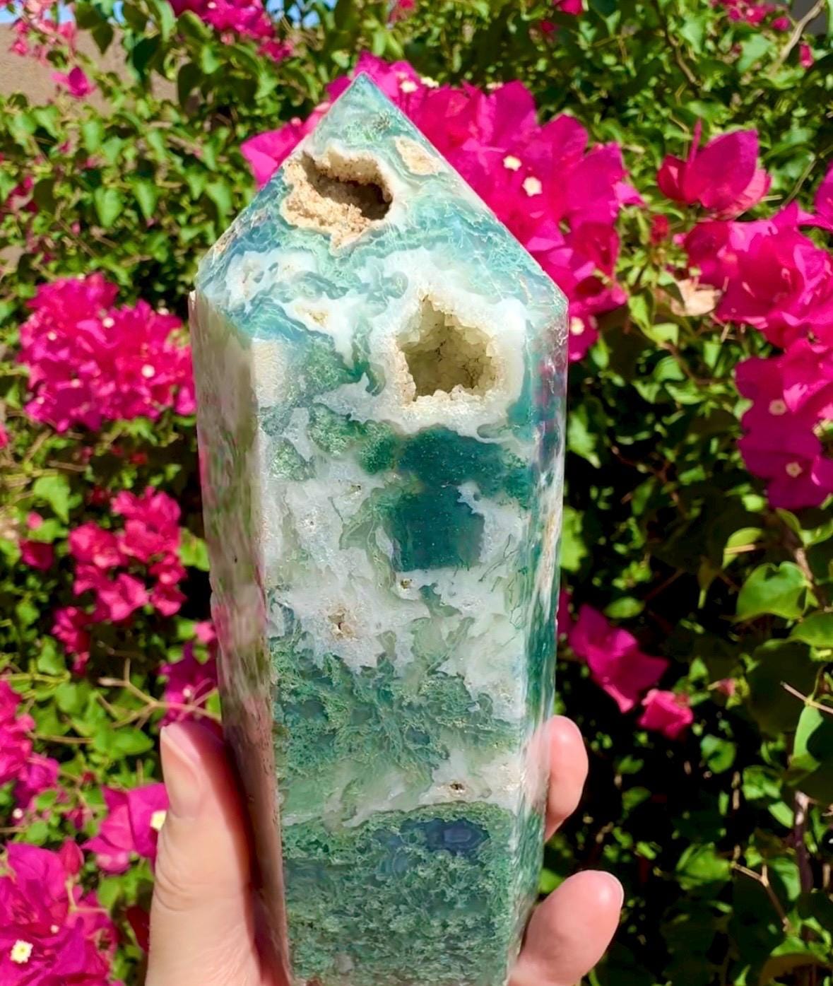 Druzy Moss Agate Tower 6”