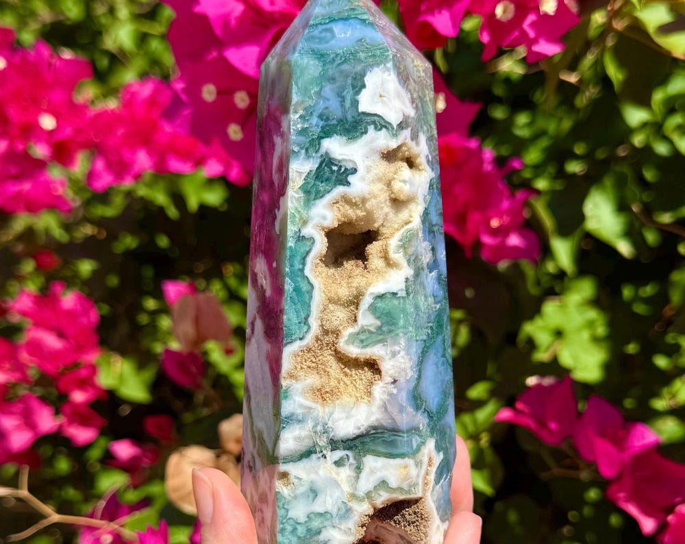 Druzy Moss Agate Tower 6”